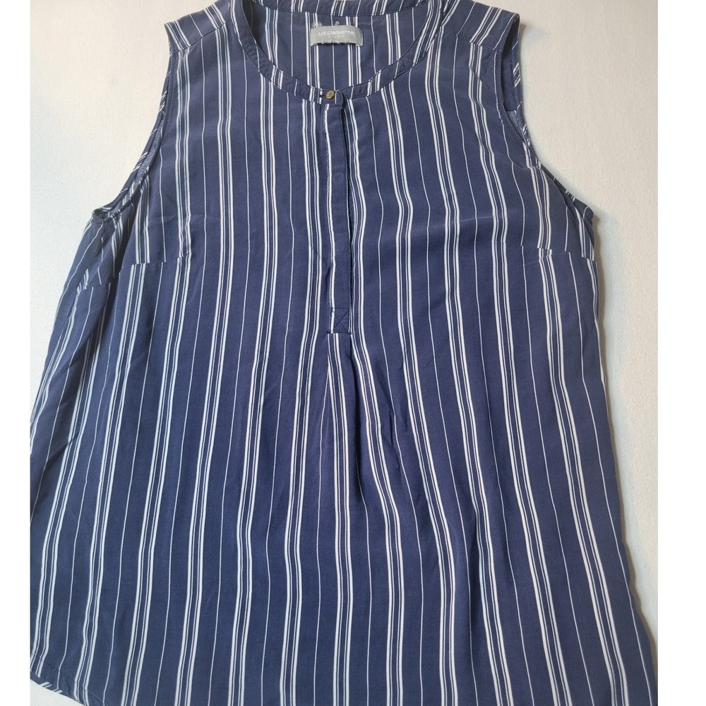 Liz Claiborne Studio Navy Blue White Striped Sleeveless Blouse Band Collar 2719